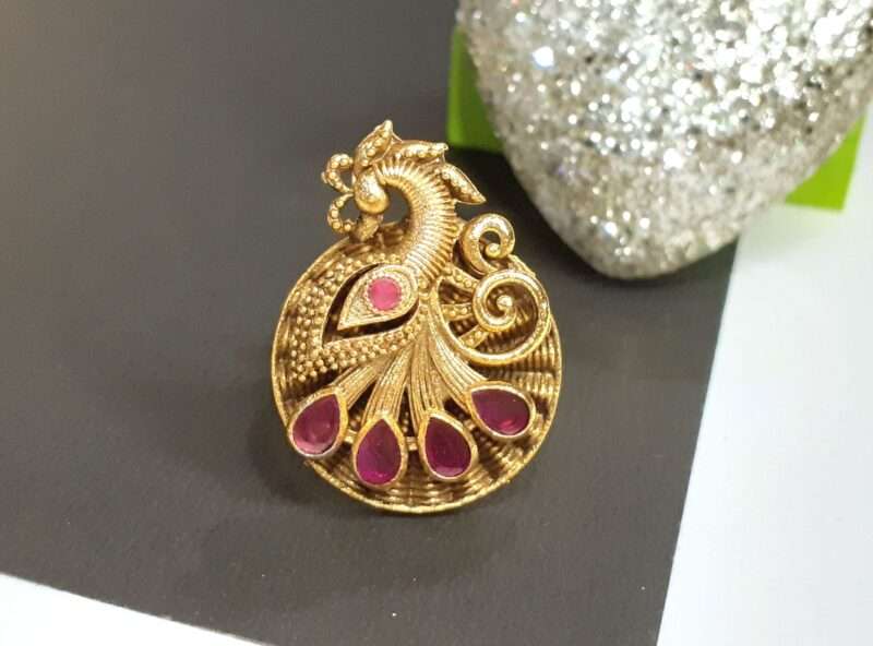 Antique Ruby Stone Golden Plated Peacock Finger Ring
