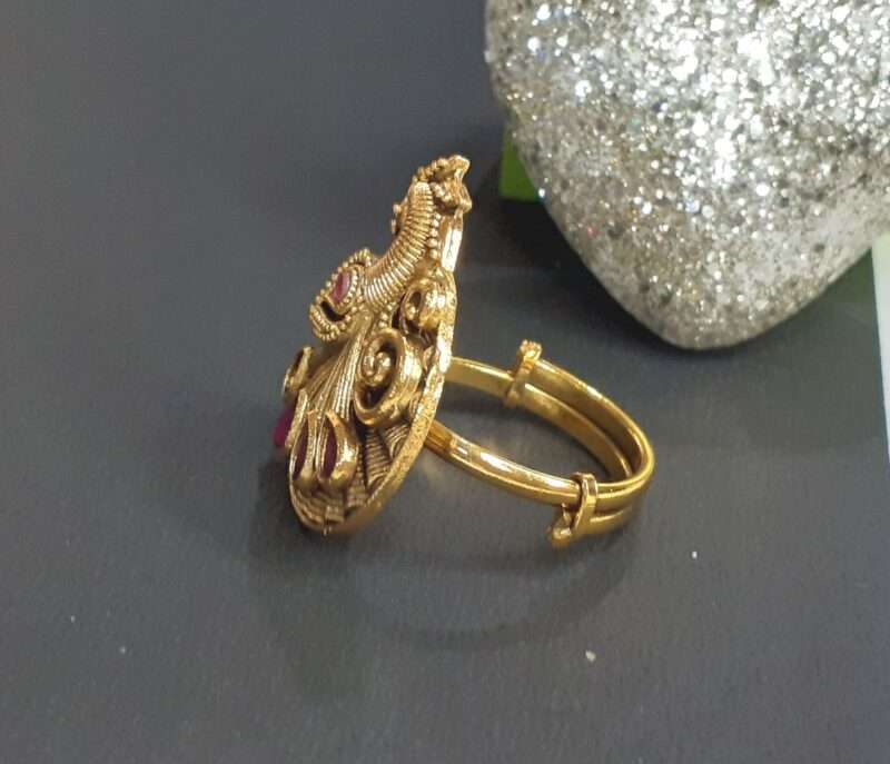 Antique Ruby Stone Golden Plated Peacock Finger Ring