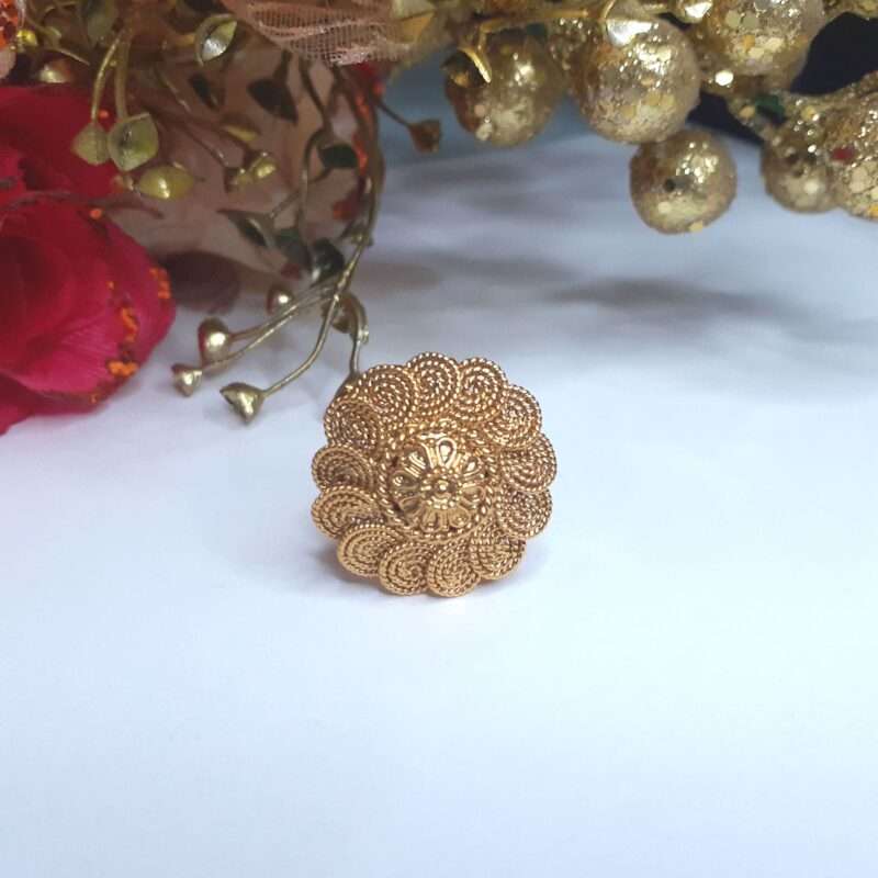 Antique Floral Adjustable Golden Plated Temple Finger Ring