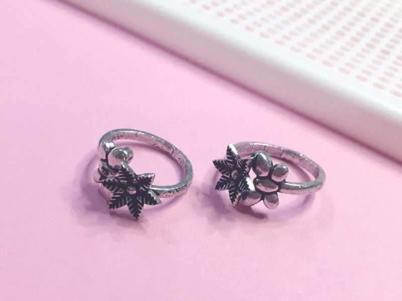 Oxidised Silver Floral Butterfly Toe Ring Set