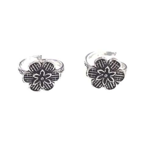 Oxidised Silver Floral Toe Ring Set