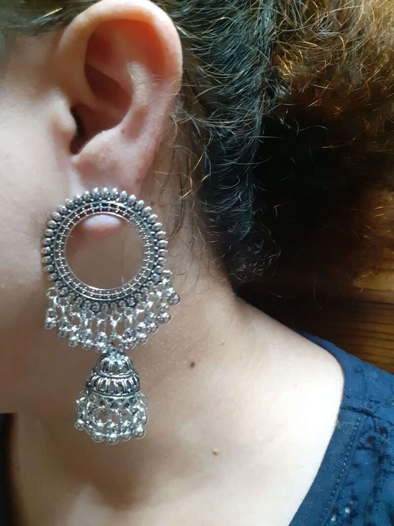 Ethnic Oxidised Silver Jhumka with Ghungroo Charm Earring