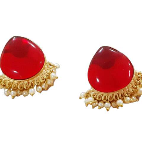 Pearl Drop Red Stone Big Stud Earring for Women