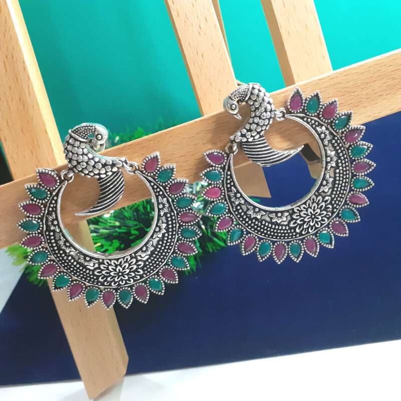 Oxidised Silver Ruby Green Peacock Earring for Women