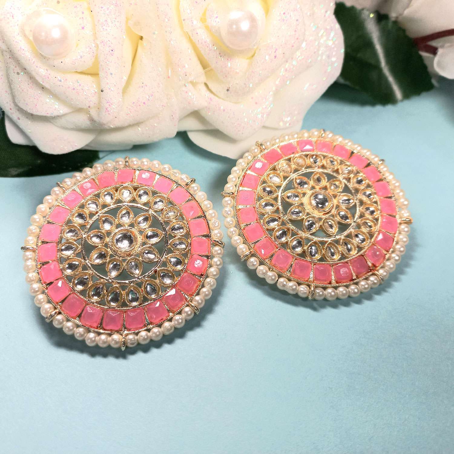Rekha , Rose gold finish Mangtikka with Big Size Studs/Earrings for wo –  www.soosi.co.in