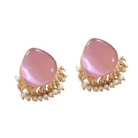 Pearl Drop Pink Stone Big Stud Earring for Women