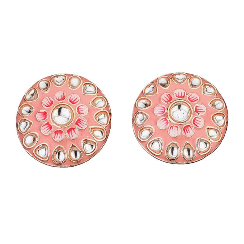 Pink Meenakari Big Stud Earring in Rose Gold Plating for Women