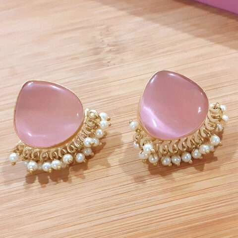 Pearl Drop Pink Stone Big Stud Earring for Women