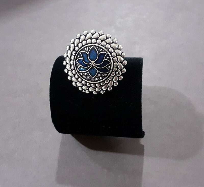 Silver Oxidised Lotus Meenakari Finger Ring for Women - Blue