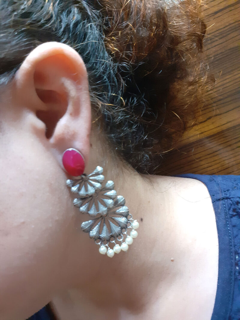Ruby Stone Floral Oxidised Earring