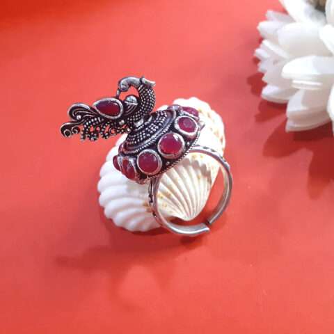 Oxidised Silver Ruby Stone Peacock Finger Ring for Women