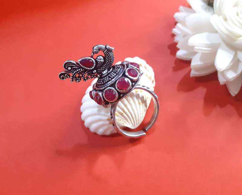 Oxidised Silver Ruby Stone Peacock Finger Ring for Women