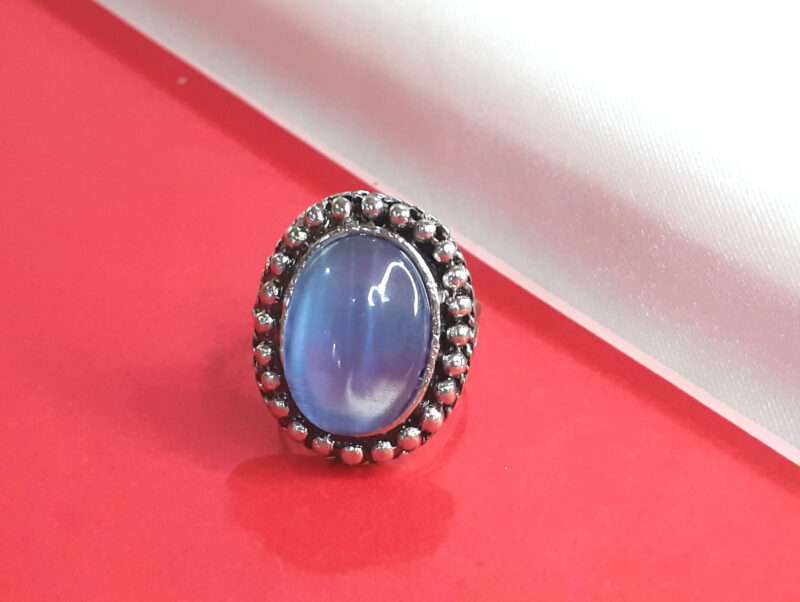Oxidised Silver Adjustable Ring with Blue Stone for Women and Girls