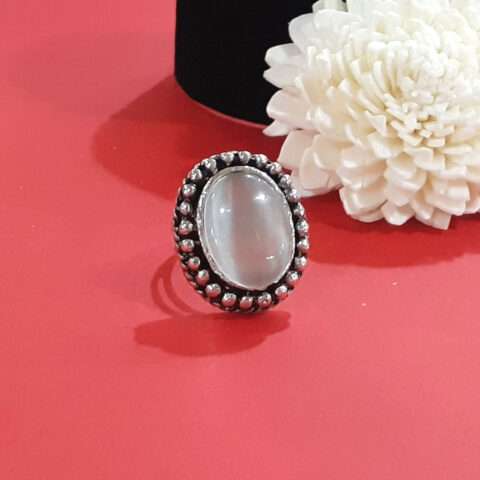 Oxidised Silver Adjustable Ring with White Stone for Women and Girls