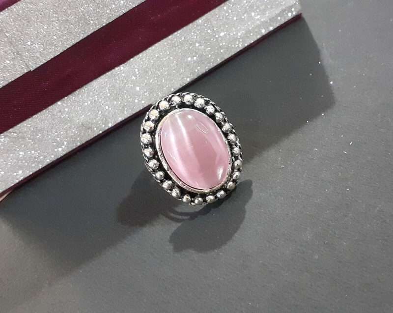 Oxidised Silver Adjustable Ring with Pink Stone for Women and Girls