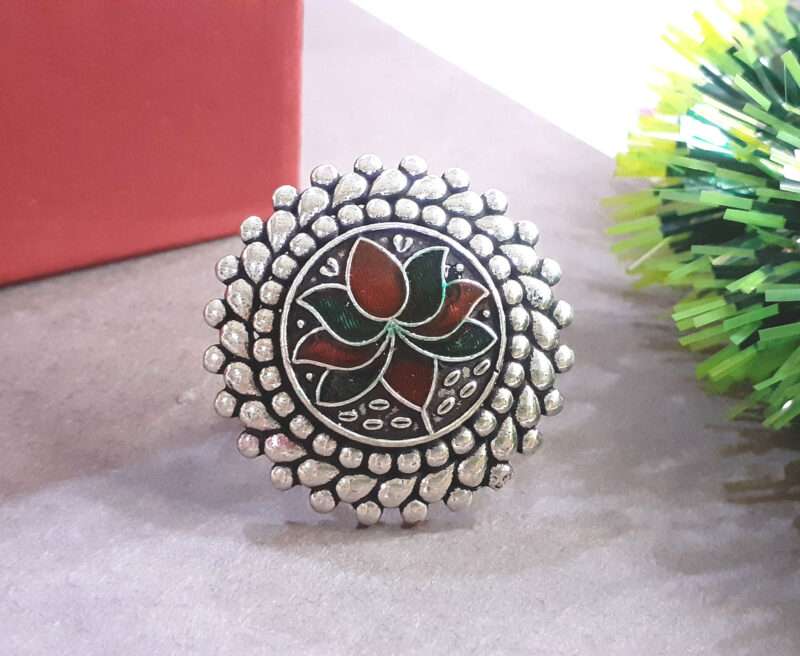 Silver Oxidised Lotus Temple Meenakari Finger Ring for Women