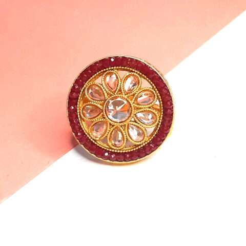 Polki Diamond Studded Matte Gold Plated Ring for Women -Red