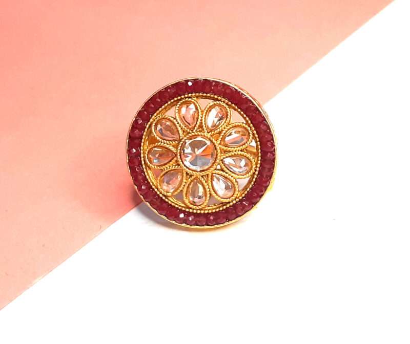 Polki Diamond Studded Matte Gold Plated Ring for Women -Red