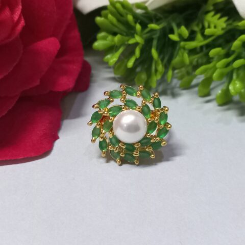 CZ Floral Ring in Green with Gold Plating