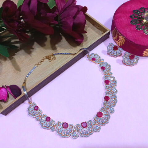 American Diamond Floral Design Ruby Necklace Set