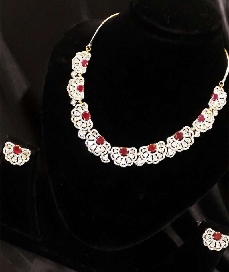 American Diamond Floral Design Ruby Necklace Set