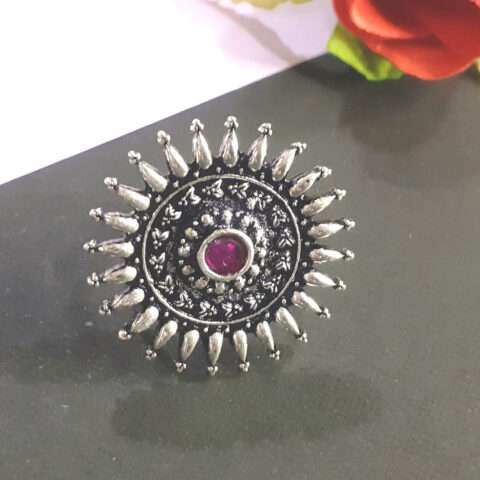 Oxidised Silver Ruby Stone Finger Ring for Women and Girls