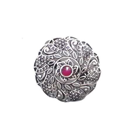 Oxidised Silver Ruby Stone Adjustable Finger Ring for Women