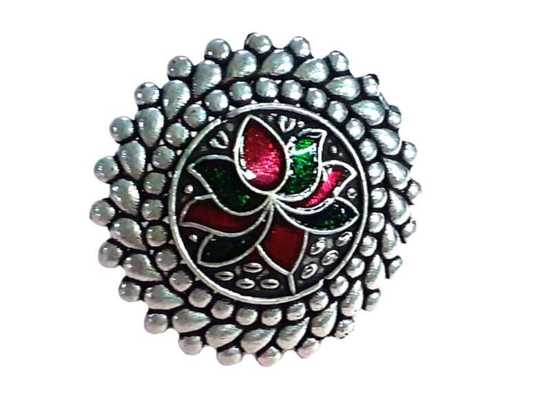 Silver Oxidised Lotus Temple Meenakari Finger Ring for Women