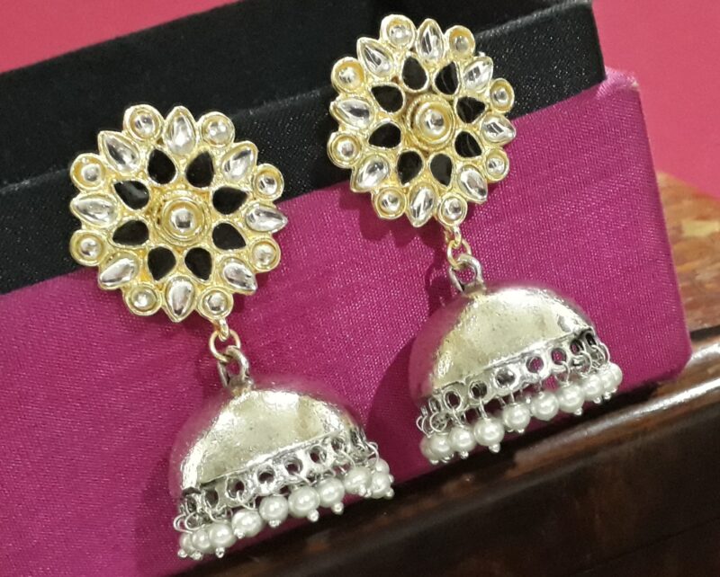 Silver Floral Black Jhumki Earring