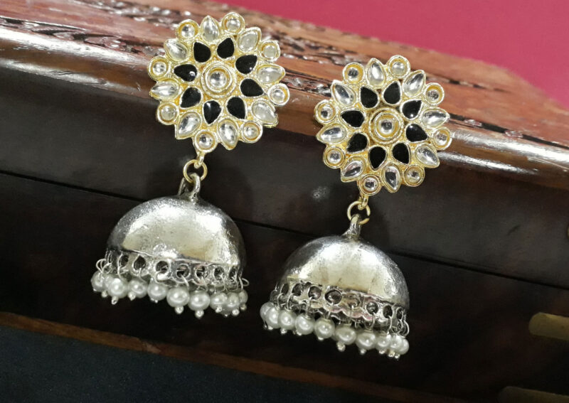 Silver Floral Black Jhumki Earring
