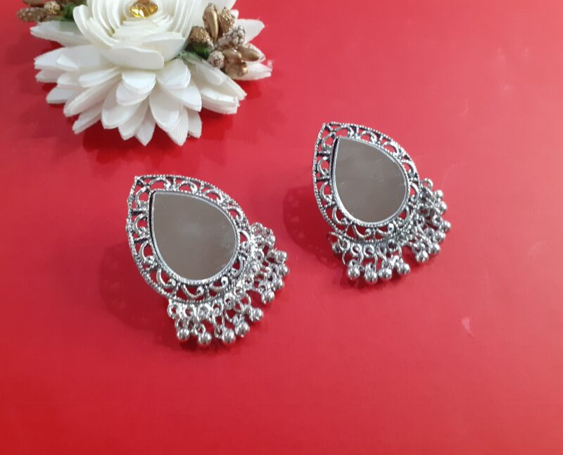Oxidised Silver Mirror Stud Earring with Ghungroo