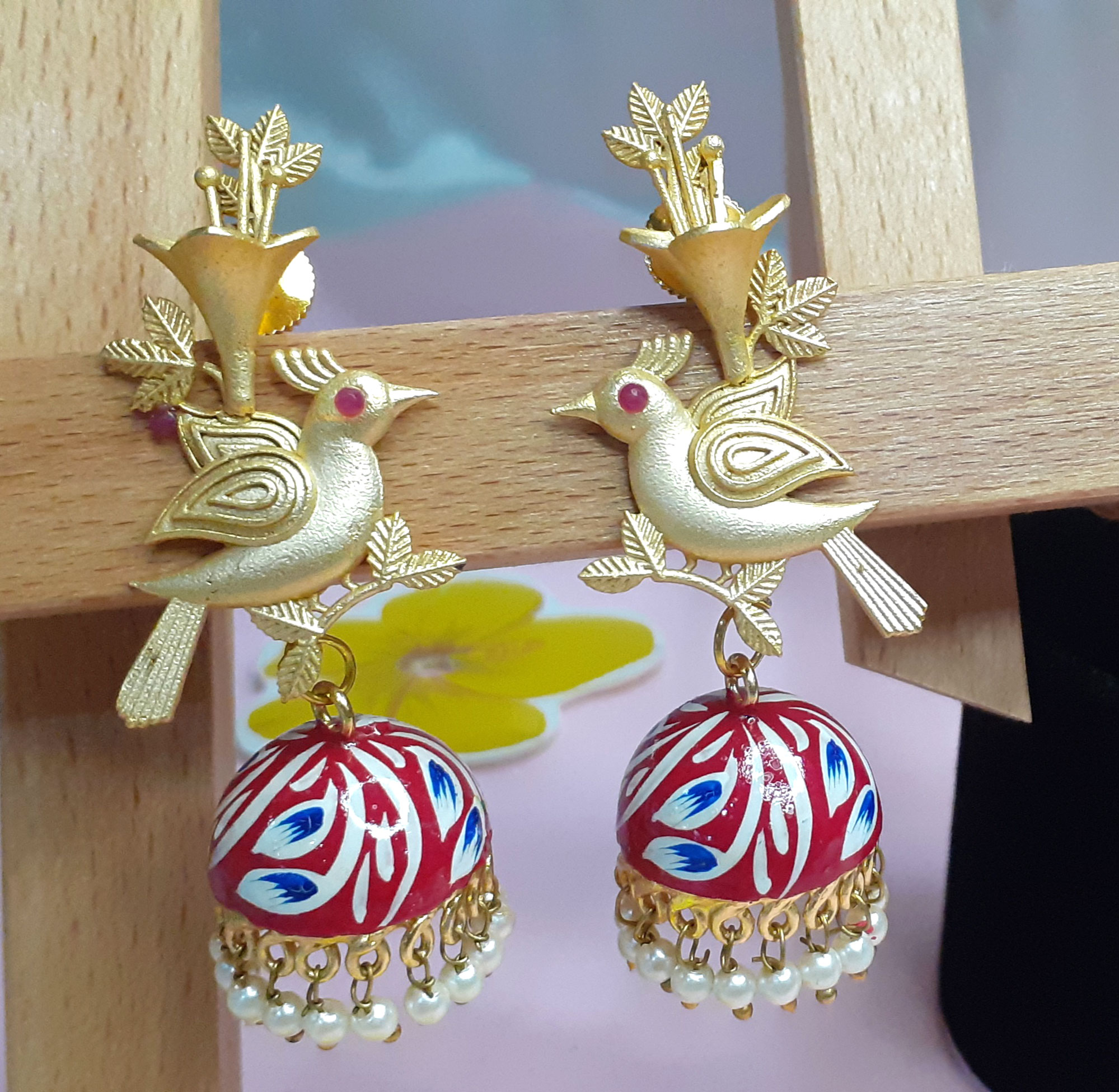 Red Stone Studded & Pearl Beaded Peacock Shaped Temple Jhumka Earrings –  Jazzandsizzle
