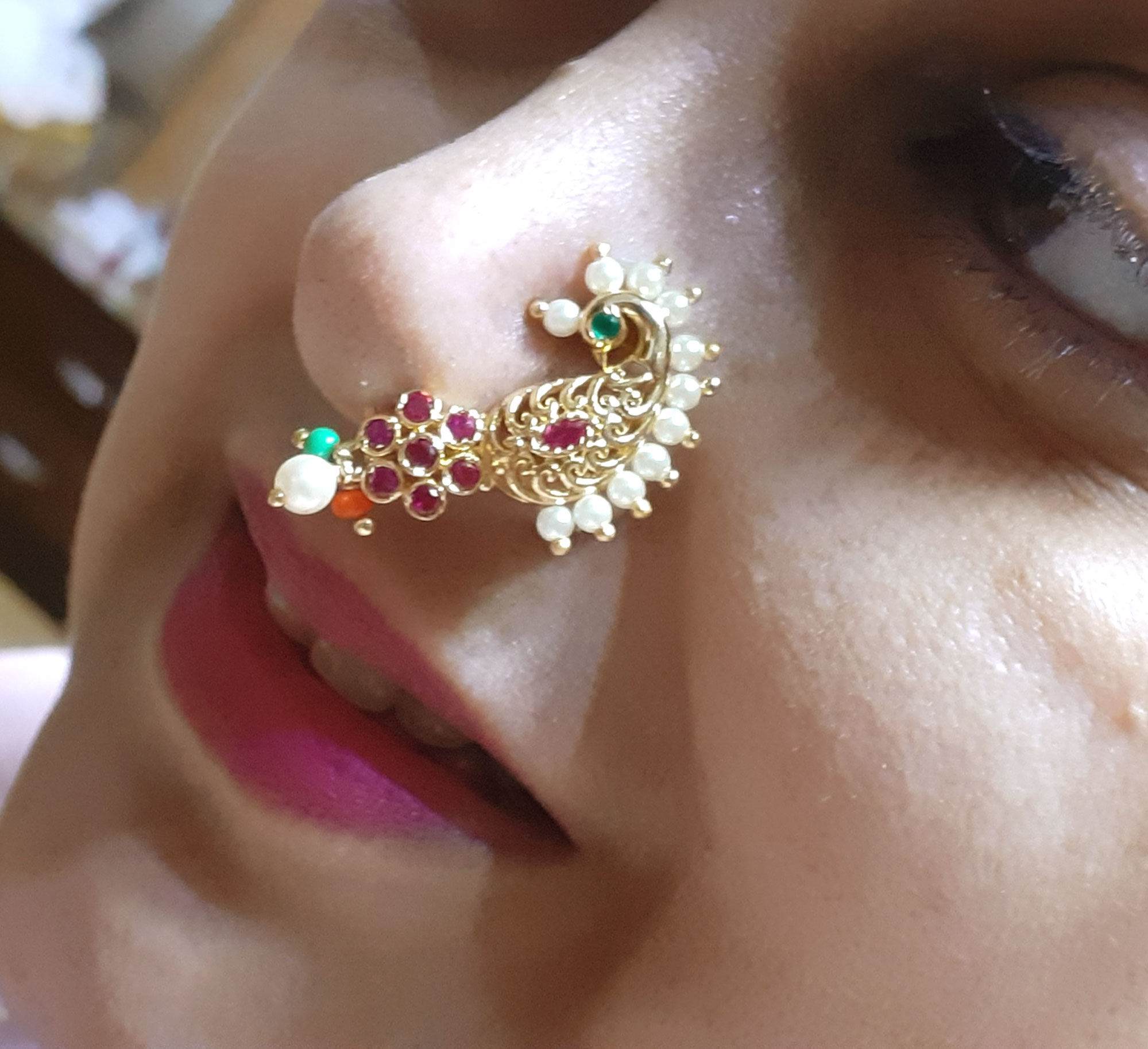 Gold Plated Maharashtrian Nath Peacock Design Nose Pin Red Green Stone –  Digital Dress Room