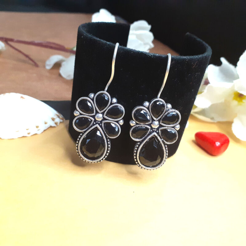 Oxidised Silver Floral Black Hoop Earring