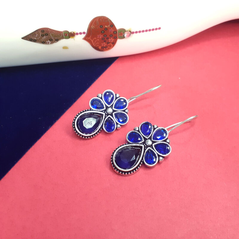 Oxidised Silver Floral Blue Hoop Earring