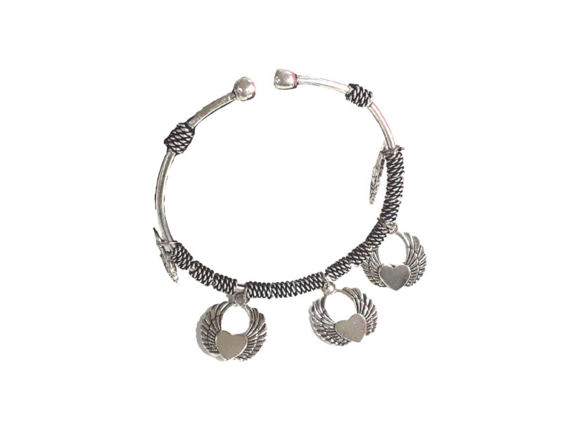 Oxidised Silver Love Bird Cuff Charm Bracelet