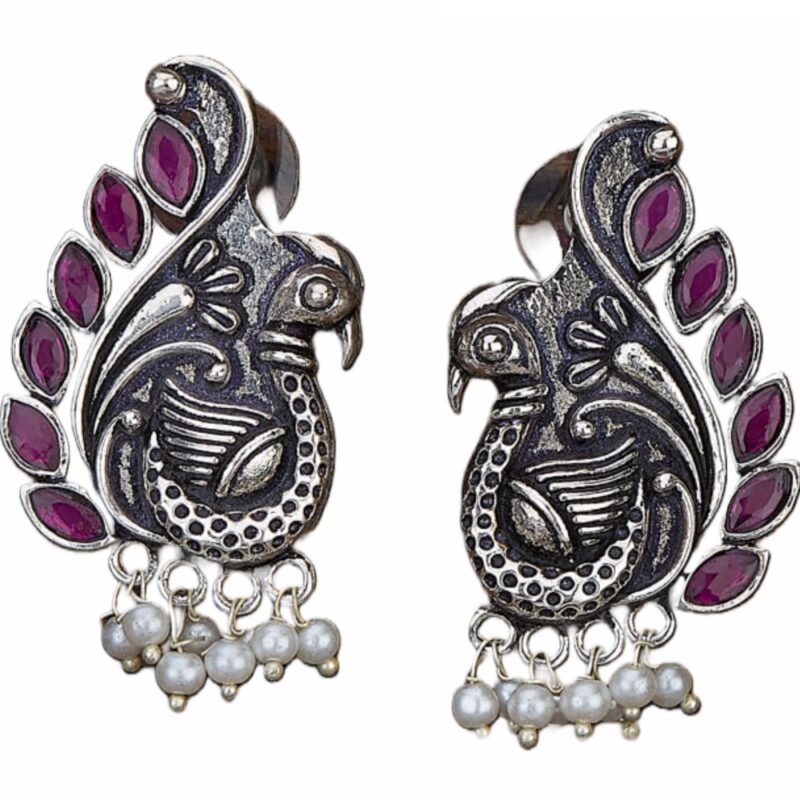 Oxidised Silver Ruby Peacock Stud Earring
