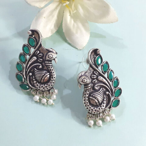 Oxidised Silver Green Peacock Stud Earring