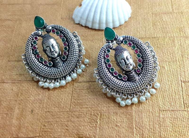 Oxidised Silver Buddha Ruby Green Stud Earring