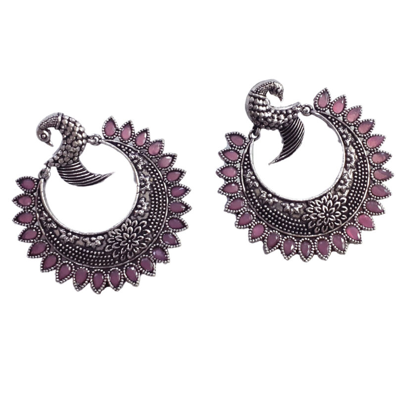 Oxidised Silver Pink Peacock Earring for Women